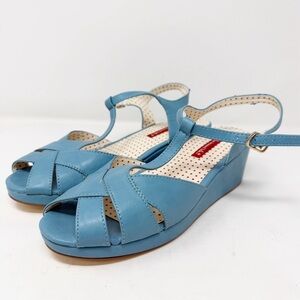 But Another Innocent Tale Blue Wedge Sandals 10 T-Strap Retro Mod Pinup NEW